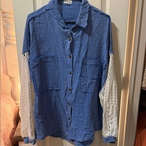 POL Blue Button-Front Shirt with White Crochet Sleeves